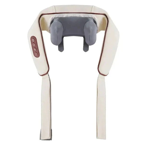 Neck and shoulder massager with white casing and gray padding on a white background