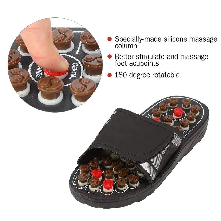 Massage slipper with silicone massage columns and text on a white background