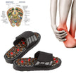 Acupressure sandals with a diagram of foot acupressure points and a person holding a painful foot.