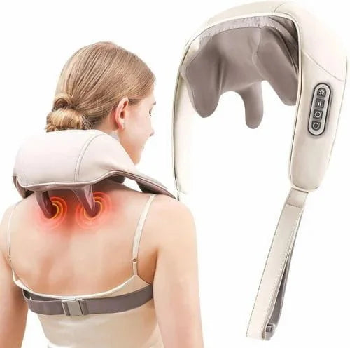 Woman using a neck and shoulder massager on a white background