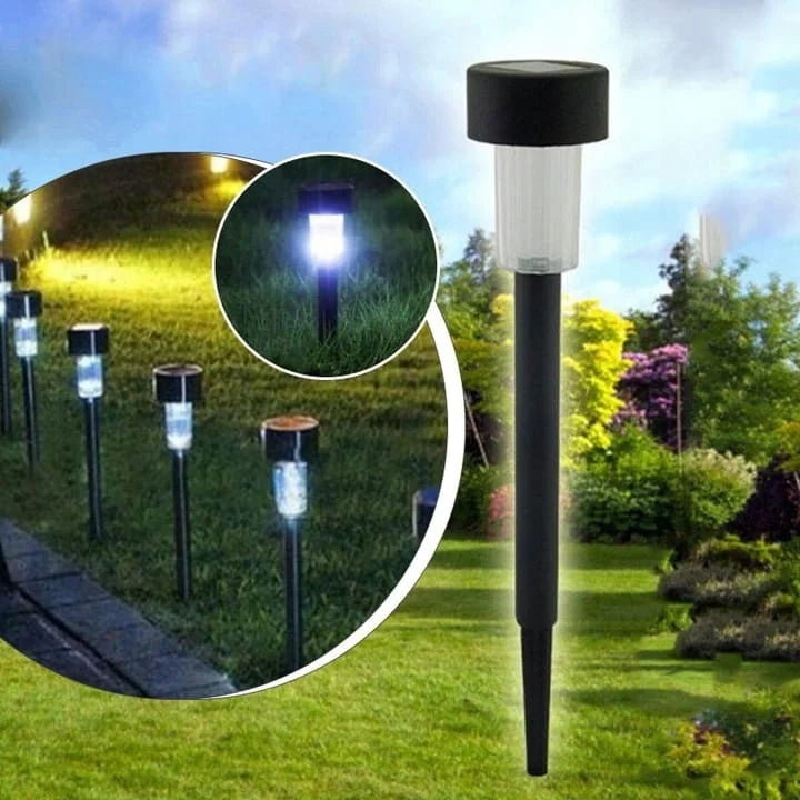 Solar garden lights in a garden setting with close-up inset showing light emission.