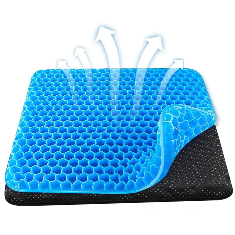 Blue honeycomb patterned seat cushion with black base on a white background