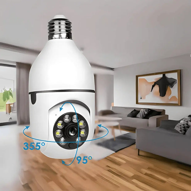 Smart light bulb with security camera in a living room setting