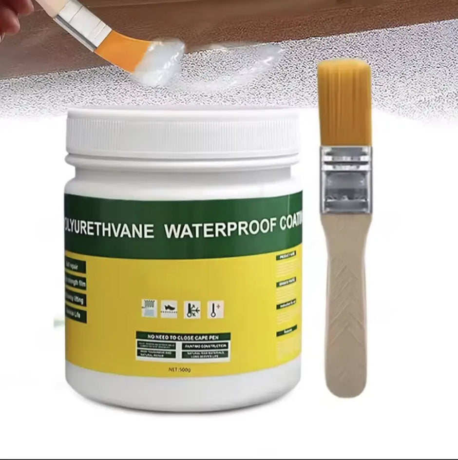 Container of polyurethane waterproof coating with a brush on a white background