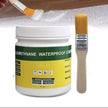Container of polyurethane waterproof coating with a brush on a white background