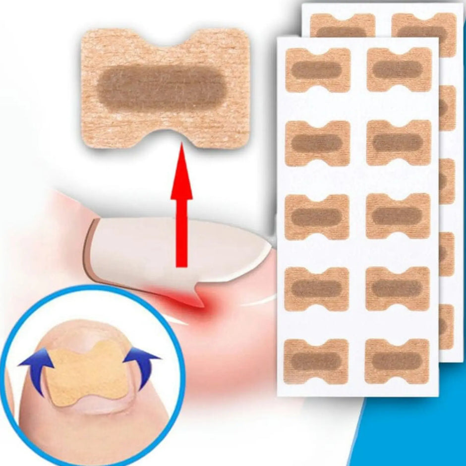 Pedicure patch with a red arrow indicating application on a toe, surrounded by multiple patches and a close-up of the patch on a toe.