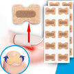 Pedicure patch with a red arrow indicating application on a toe, surrounded by multiple patches and a close-up of the patch on a toe.