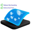Blue honeycomb cushion on a black base with text indicating benefits on a white background