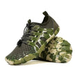 Camouflage-patterned sneakers on a white background