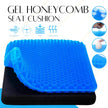 Blue gel honeycomb seat cushion with features on a white background