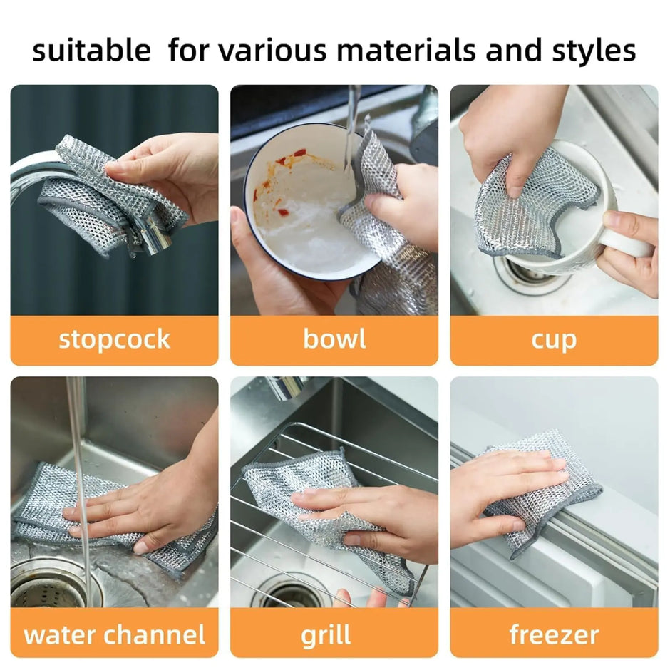 Demonstration of a cleaning cloth being used on various kitchen fixtures including a stopcock, bowl, cup, water channel, grill, and freezer.