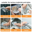 Demonstration of a cleaning cloth being used on various kitchen fixtures including a stopcock, bowl, cup, water channel, grill, and freezer.
