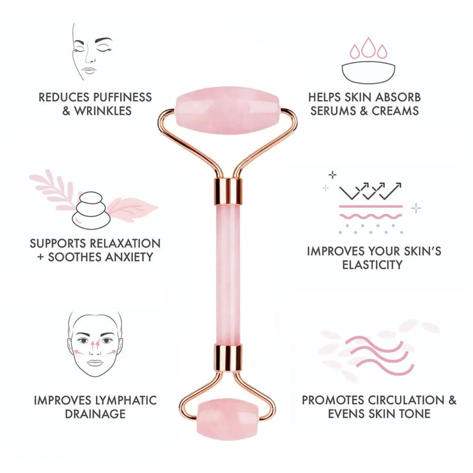 Pink facial roller with text highlighting its benefits on a white background