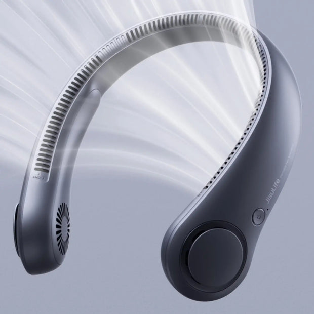 Black and silver neckband device on a light gray background