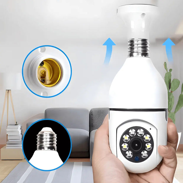 Smart light bulb held by a hand with close-up details in a living room setting.