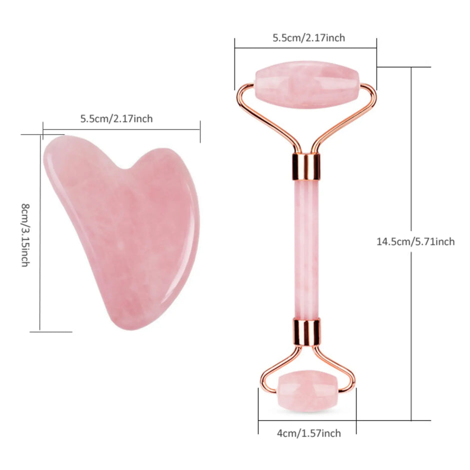 Rose quartz facial roller and gua sha tool with dimensions on a white background