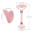 Rose quartz facial roller and gua sha tool with dimensions on a white background