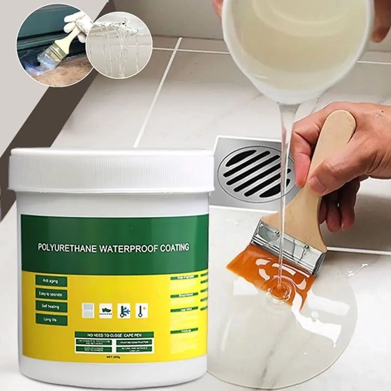 Polyurethane waterproof coating being applied with a brush on a surface.