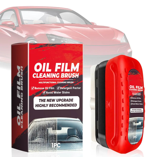 Oil film cleaning brush with packaging and car in the background