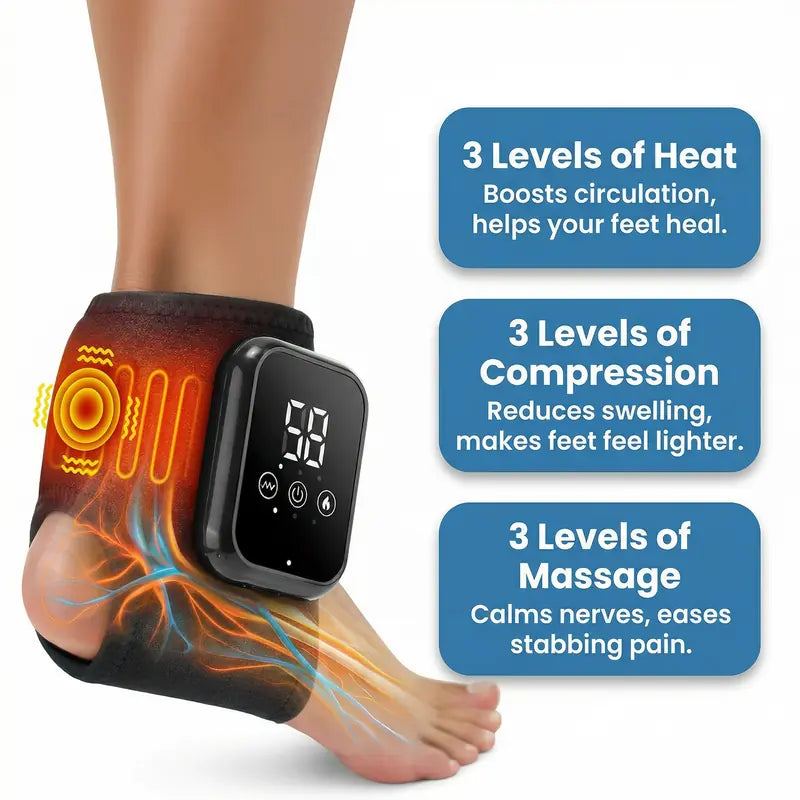 Foot massager with digital display on a foot, showing features like heat, compression, and massage.