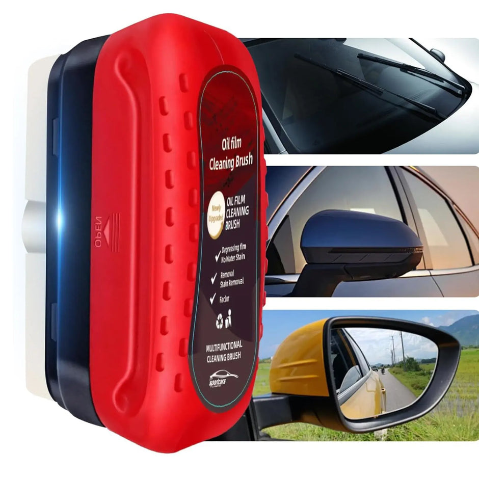 Car cleaning brush with packaging and images of car mirrors.