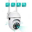 White security camera with features like night vision and two-way audio on a white background