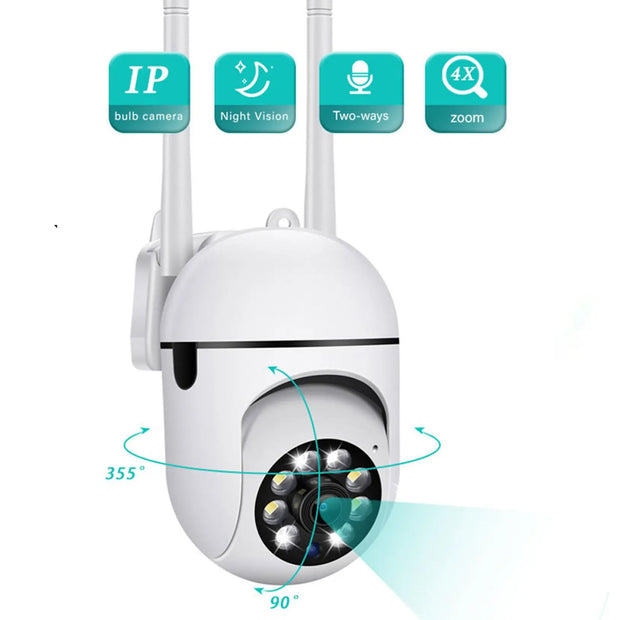 White security camera with features like night vision and two-way audio on a white background