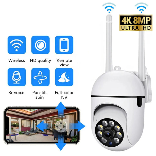 Wireless security camera with features listed on a white background
