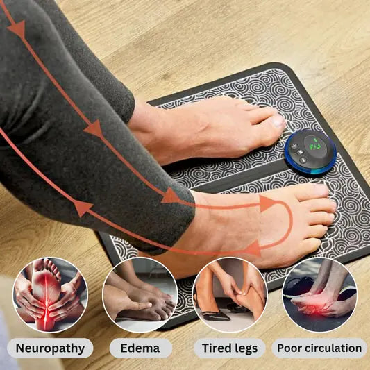 Person using a foot mat with digital display on a wooden floor, showing symptoms of neuropathy, edema, tired legs, and poor circulation.