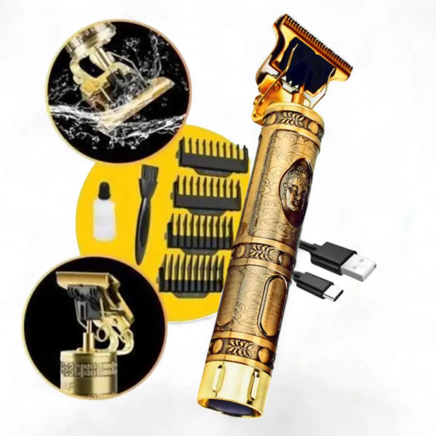 Gold and black hair trimmer with attachments and charging cable on a white background