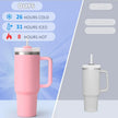 Pink and white tumblers with temperature performance indicators on a blue and gray background