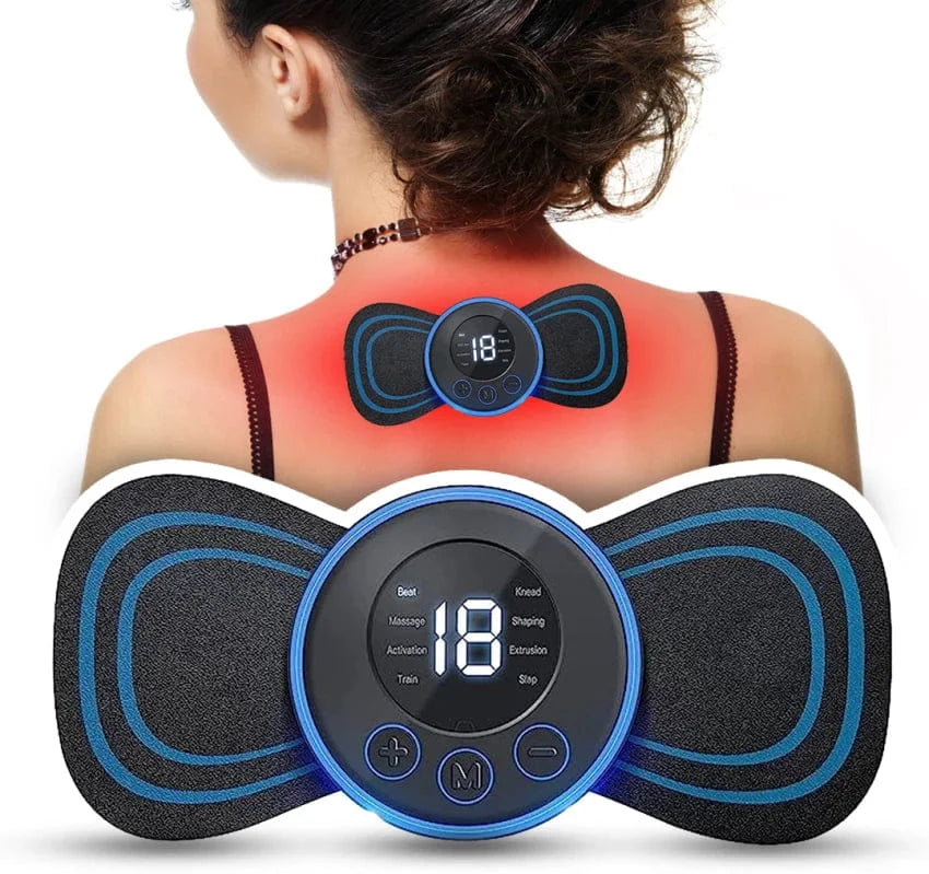 Person using a digital massage device on their back with visible display and buttons.