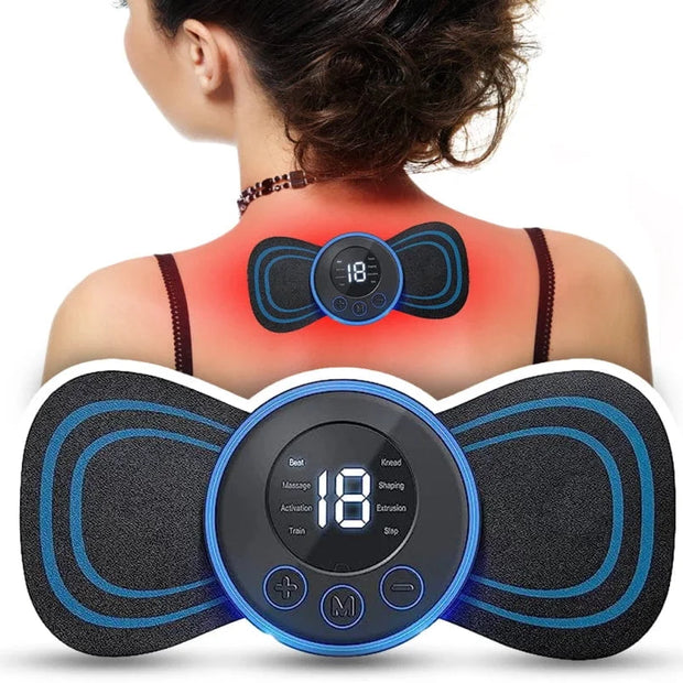 Person using a digital massage device on their back with visible display and buttons.