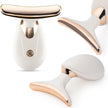 White and rose gold facial roller on a white background