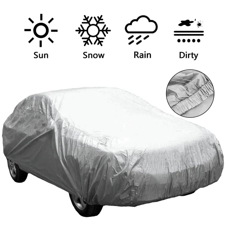 Car cover with icons indicating sun, snow, rain, and dirt protection on a white background.