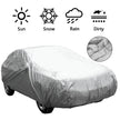 Car cover with icons indicating sun, snow, rain, and dirt protection on a white background.