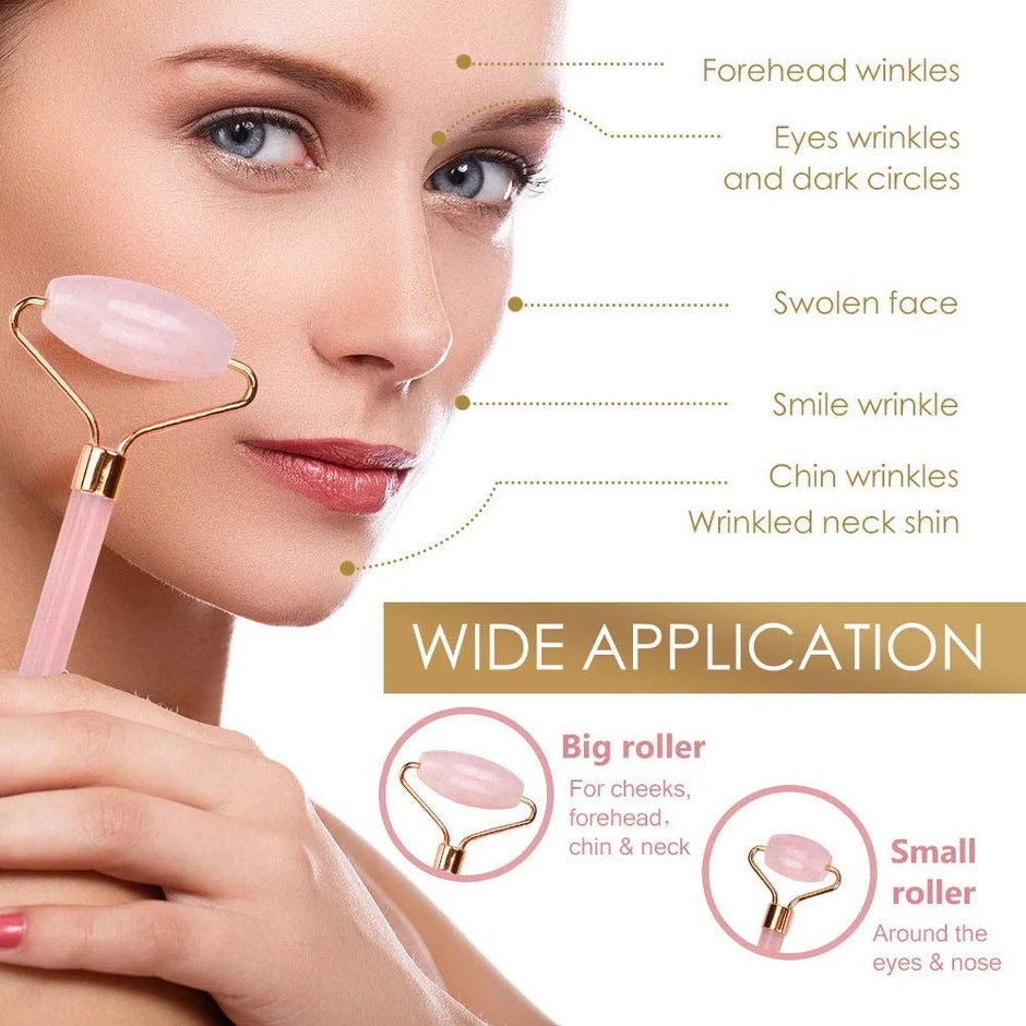 Woman using a facial roller with labeled skin concerns and product features.
