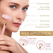Woman using a facial roller with labeled skin concerns and product features.
