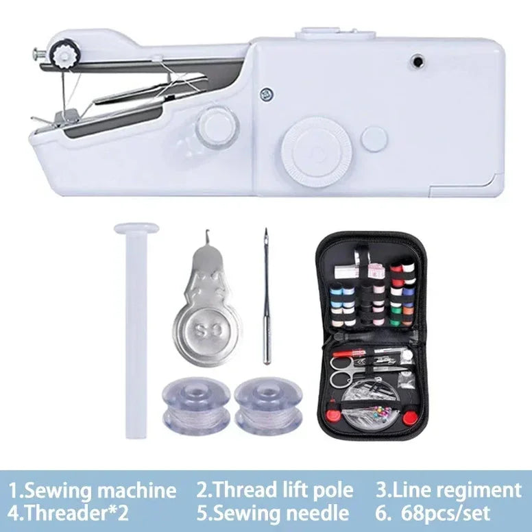 Sewing machine set with thread, needle, and other accessories on a white background