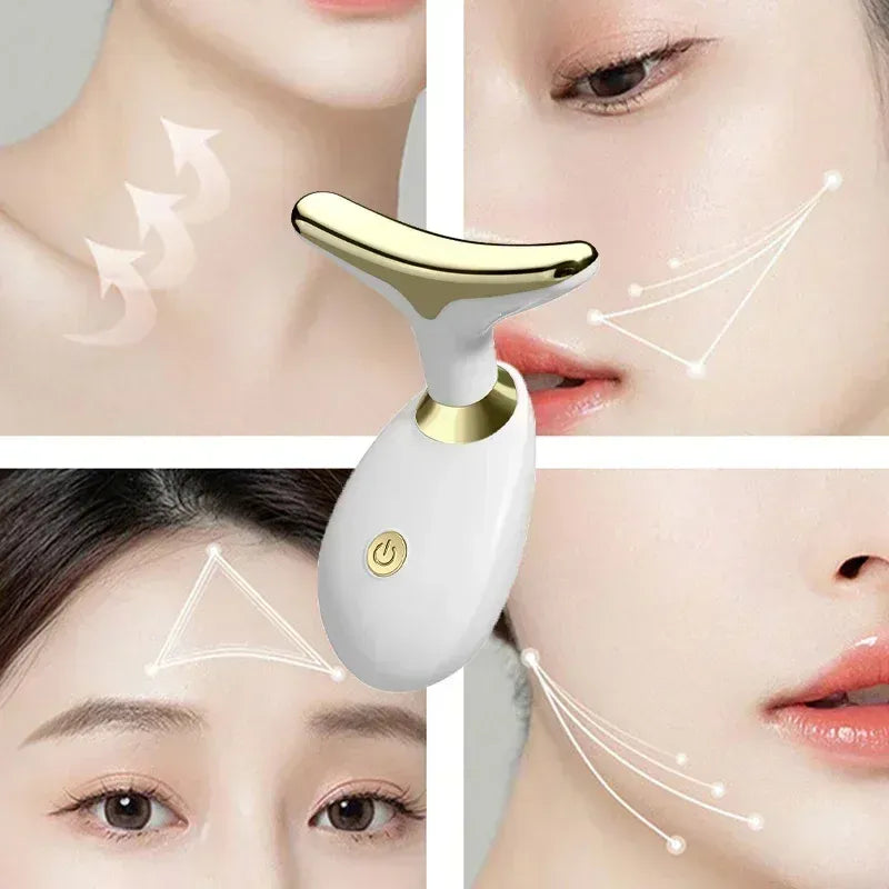 Beauty device being used on a person's face with close-up shots of the device and facial features.