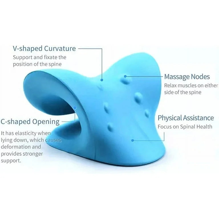 Blue back support device with labeled features on a white background