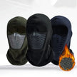 Three balaclavas in green, black, and navy with a flame graphic on a white background.