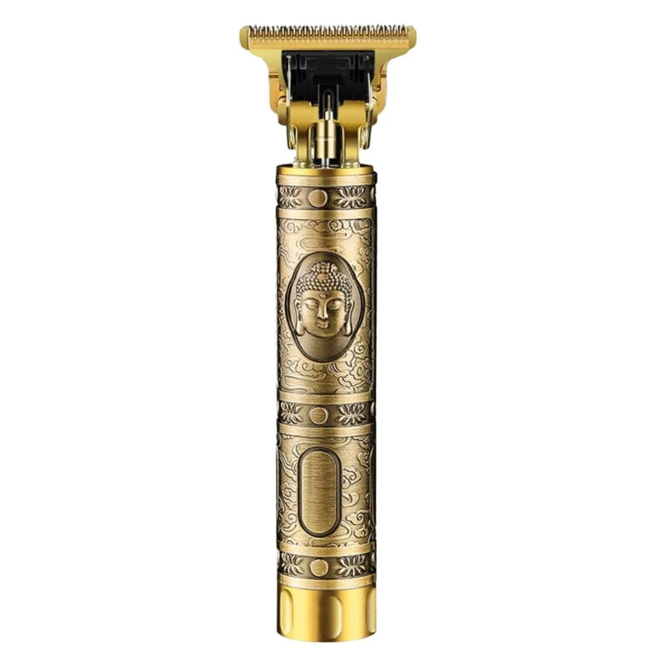 Gold and bronze hair trimmer with intricate design on a white background