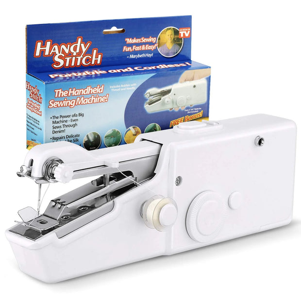Handheld sewing machine with Handy Stitch packaging on a white background