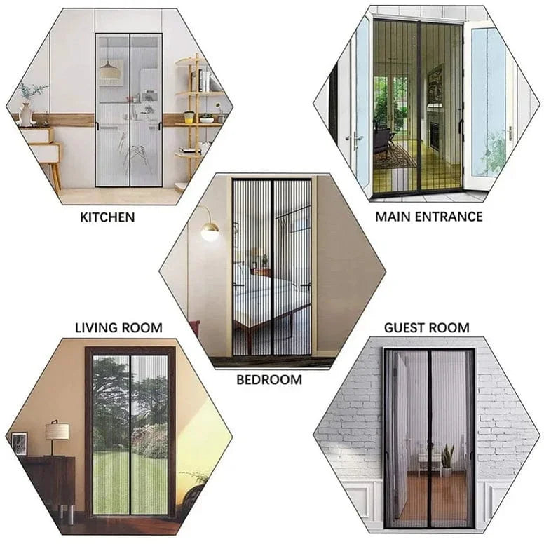 Hexagonal grid showing magnetic screen doors in various rooms of a house.