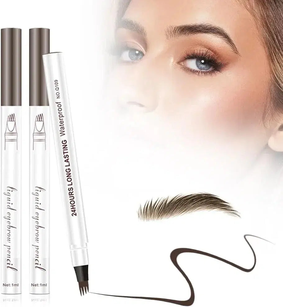 Eyebrow pencil with a close-up of a woman's eye and eyebrow, showing product application.