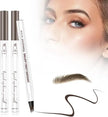 Eyebrow pencil with a close-up of a woman's eye and eyebrow, showing product application.