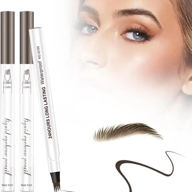 Eyebrow pencil with a close-up of a woman's eye and eyebrow, showing product application.