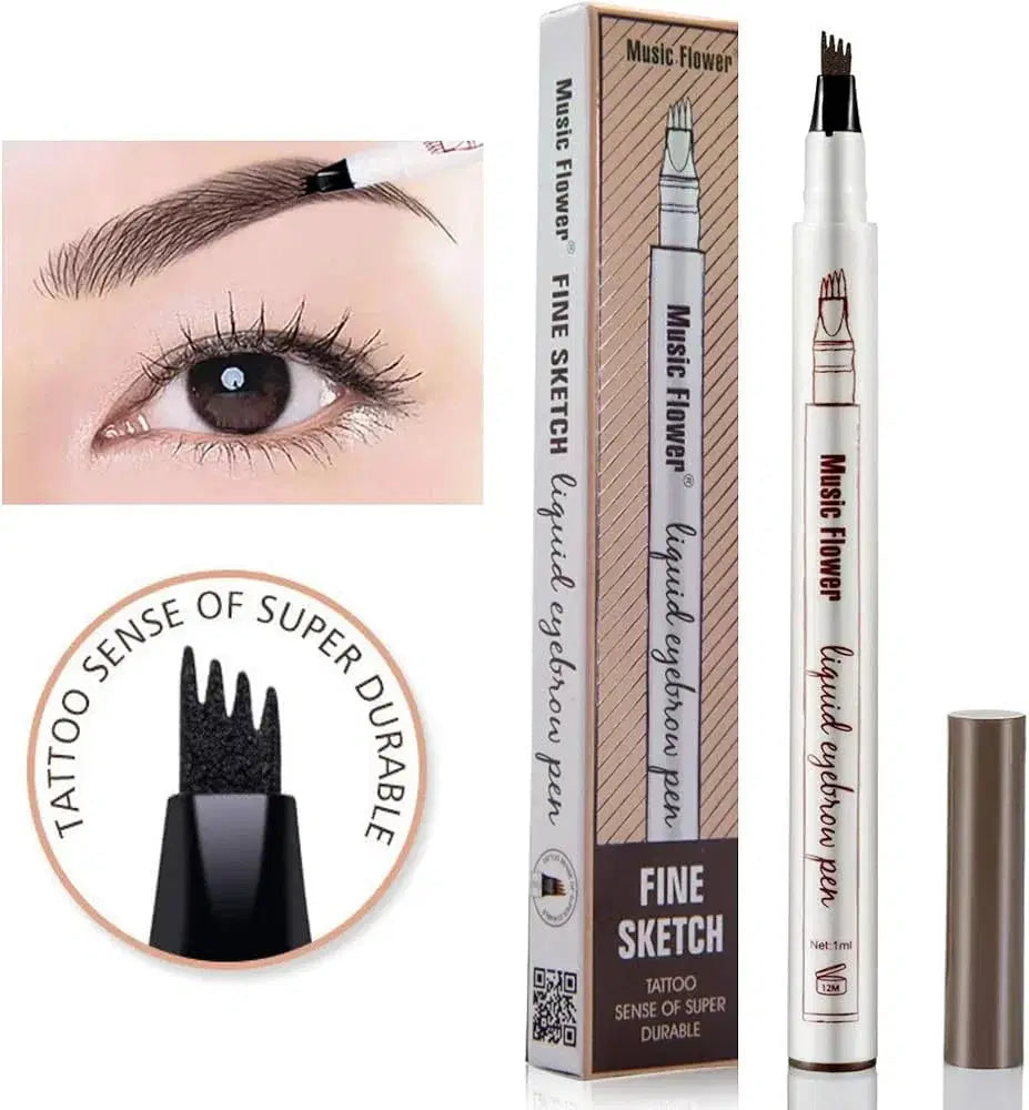 Liquid eyebrow pen with packaging and close-up of an eye with applied product.