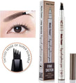 Liquid eyebrow pen with packaging and close-up of an eye with applied product.